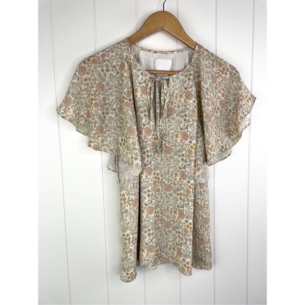 Prose and Poetry Boho‎ Tiered Flutter Sleeve Tie Neck Peasant Blouse Size S/M